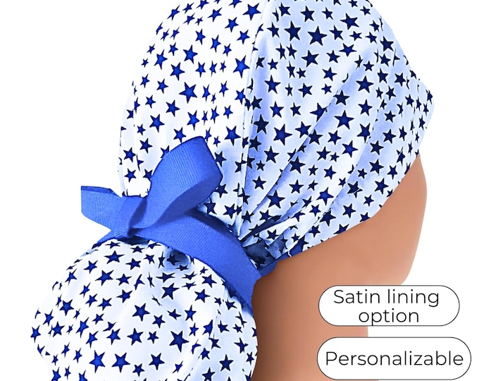 Patriotic - Scrub Cap for Women - Surgical Cap - Silky Satin Lining Option - 4th of July - Navy Stars on White - FifthCraftyStreet