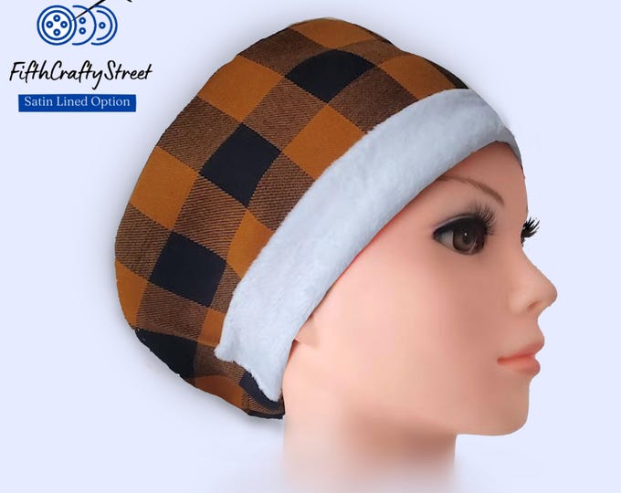 Euro Scrub Cap in a rust and black buffalo plaid flannel with fluffy white band autumn-inspired look, Satin lined option