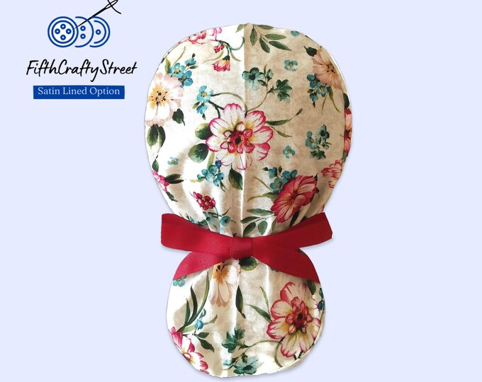 Blooming Flower Ponytail Scrub Cap for Women - Floral Surgical Satin Lined Scrub Cap option - FifthCraftyStreet