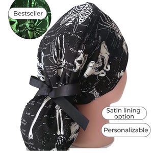 Ponytail Scrub Cap with Satin Lining Option: Anatomy Skeleton X-ray on Black