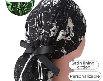Ponytail Scrub Cap with Satin Lining Option: Anatomy Skeleton X-ray on Black