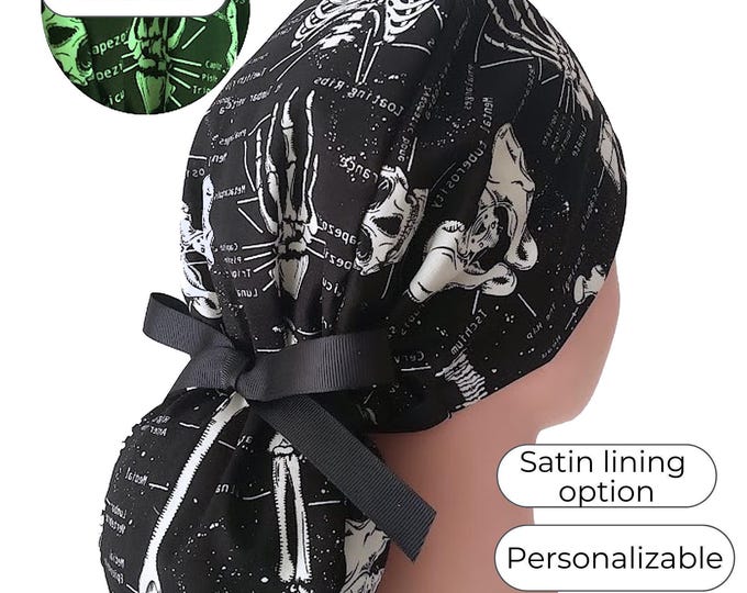 Ponytail Scrub Cap with Satin Lining Option: Anatomy Skeleton X-ray on Black