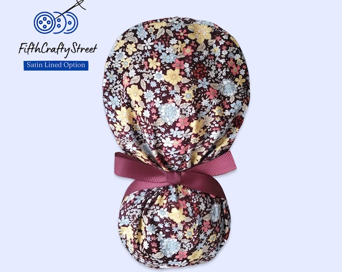 Flower Ponytail Scrub Cap for Women - Floral Surgical Satin Lined Scrub Cap option - FifthCraftyStreet