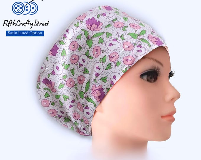 Floral Liberty Print Euro Scrub Cap: Satin Lined, Adjustable