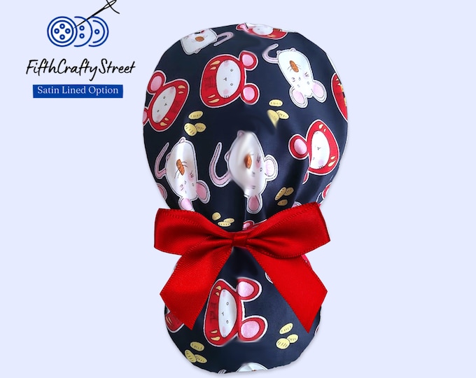 Mise print navy - Ponytail Scrub Cap - Satin Lined Option - FifthCraftyStreet
