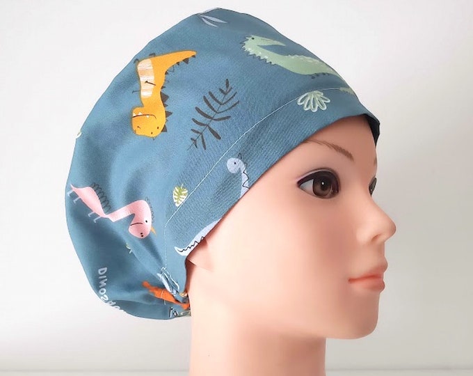 Euro Scrub Cap - Dinosaur - Adjustable - Satin Lined Scrub Cap - FifthCraftyStreet