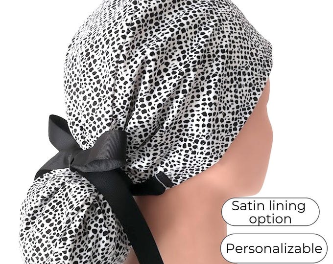 animal print black Ponytail Scrub Cap for Women - Surgical Hat Satin Lined Option