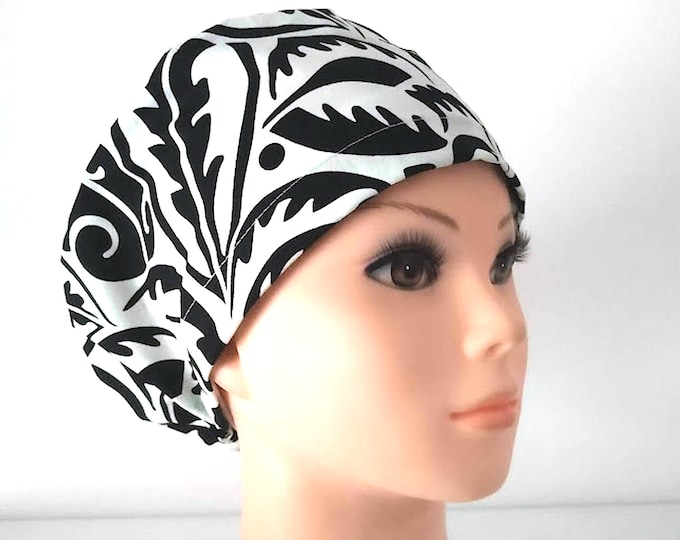 Euro Scrub Cap - Black White - Satin Lined Scrub Cap option - FifthCraftyStreet