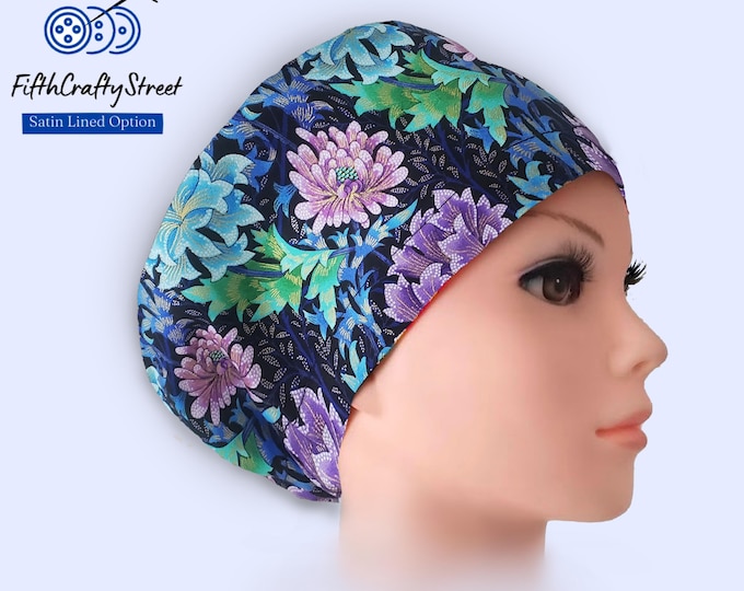 Euro Style Scrub Cap - Adjustable - Satin Lining option - Chrysanthemum Bloom