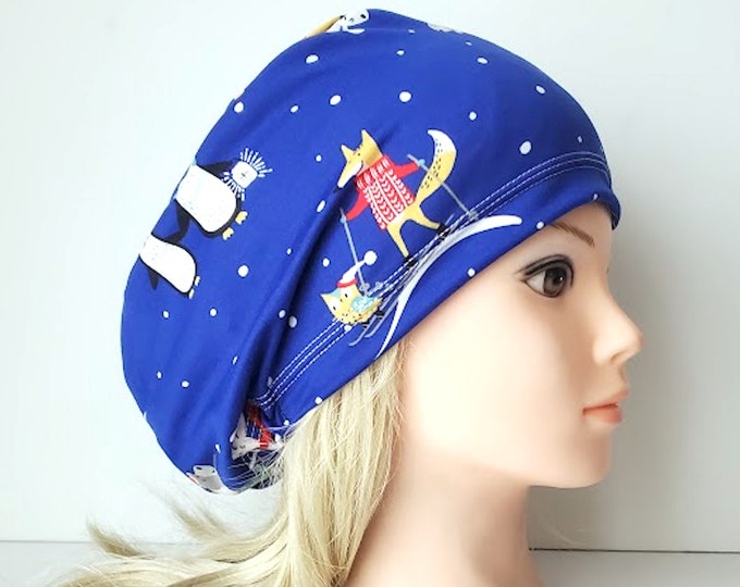 stretchy scrub cup, surgical euro hat, Blue Wild Animals Christmas - FifthCraftyStreet