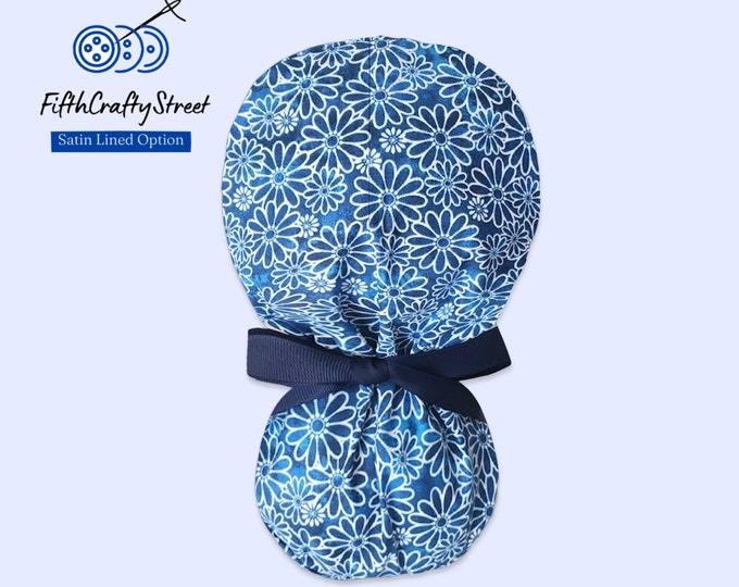 Ponytail Scrub Cap - Surgical Cap - Satin Lining Option - Japanese Floral - FifthCraftyStreet