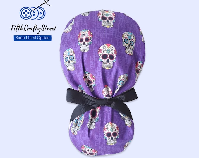 Ponytail Scrub Cap for Women - Sugar Skull - Surgical Cap with Satin Lining option - FifthCraftyStreet