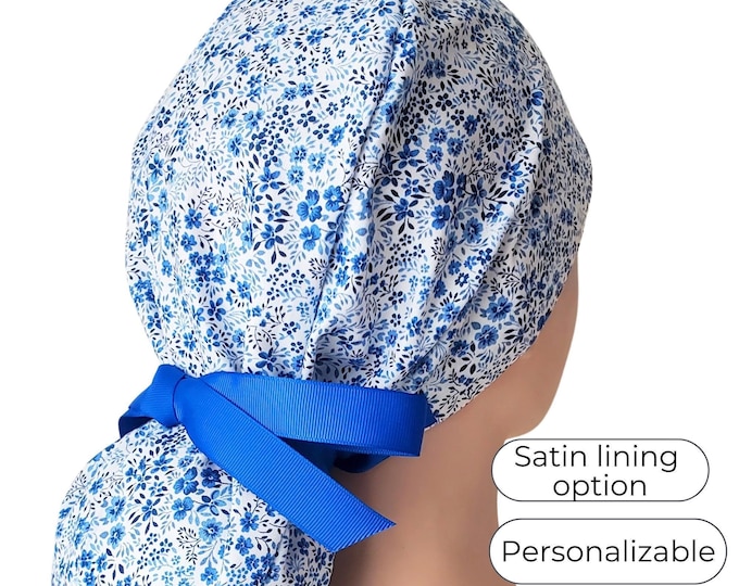 Scrub Hat Ponytail Style with Satin Lining and Personalization: Blue Floral