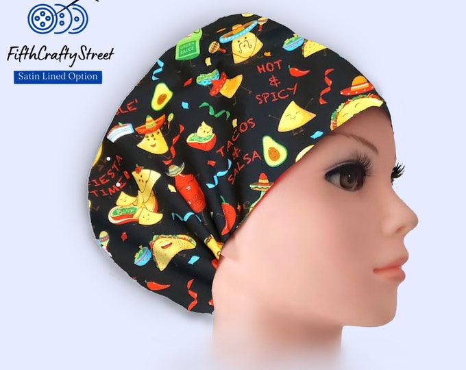 Euro Scrub Cap - Adjustable by toggle - Satin Lining option - Tacos Fiesta on Black - FifthCraftyStreet