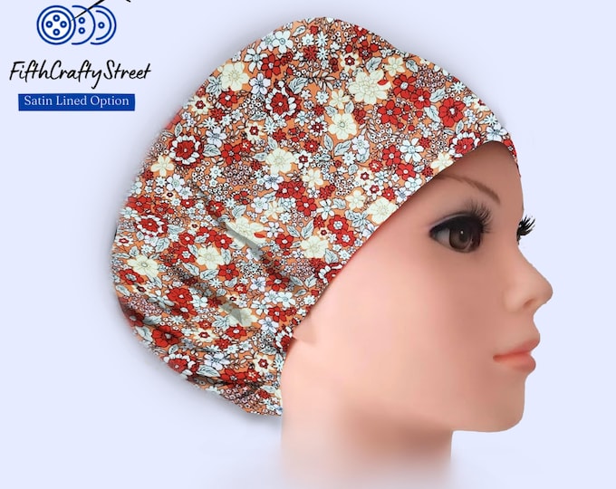 Fall Floral Euro Scrub Cap - Adjustable - Satin Lined option - FifthCraftyStreet