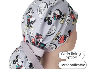 Cartoon Print Ponytail Scrub Cap: Satin Lined, Personalized option