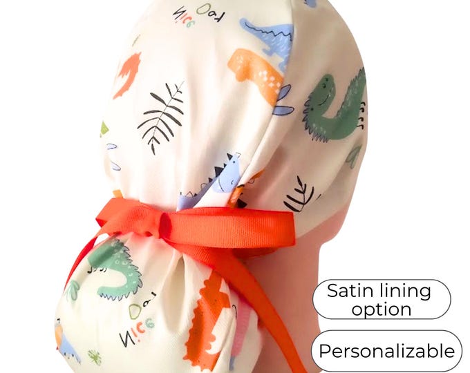 Surgical Scrub Caps with Satin Lined option - Dinosaurs Cream - FifthCraftyStreet