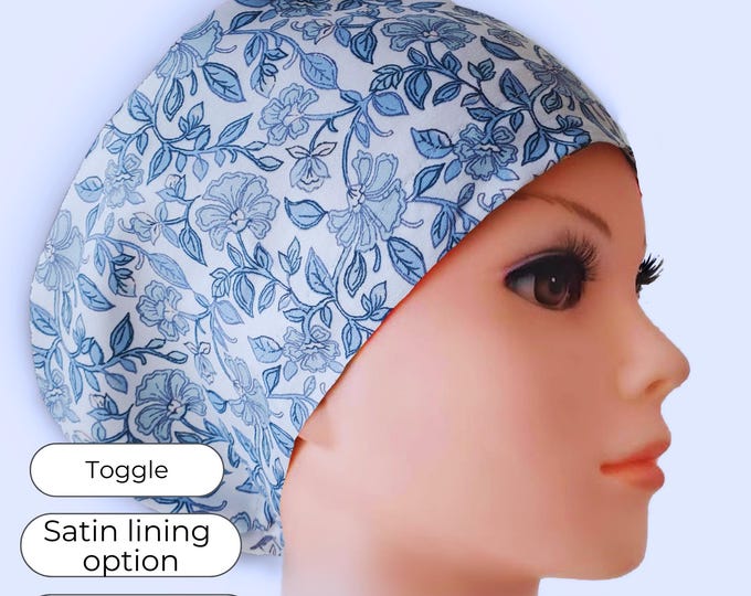 Blue Vine Floral Euro Scrub Cap Satin Lined Surgical Hat Adjustable Toggle