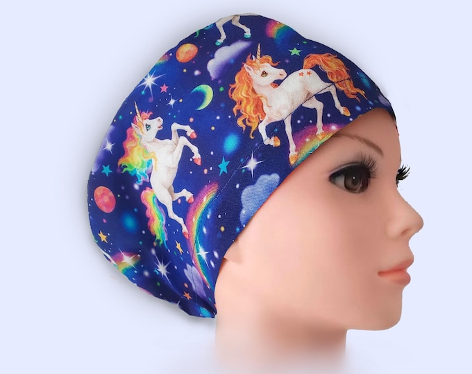 Euro Scrub Cap Satin Lined Personalized Surgical Cap for Women : Unicorn Galaxy Print