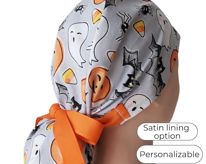 Scrub Cap Ponytail Style Satin Lining Personalization Option: Pumpkin Halloween on Gray