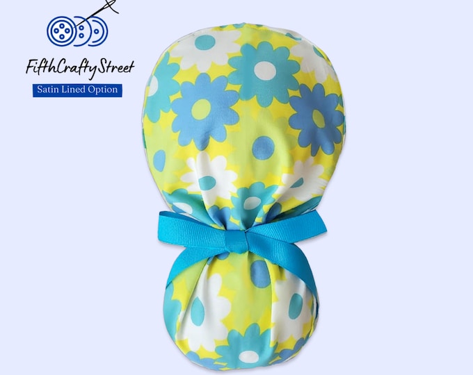 Floral Ponytail Scrub Cap for Women - Surgical Cap with Satin Lining Option - lightweight Cotton - FifthCraftyStreet