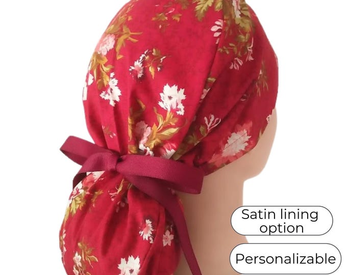 Novelty Ponytail Scrub Cap for Women - Floral Surgical Cap with Satin Lining Option -