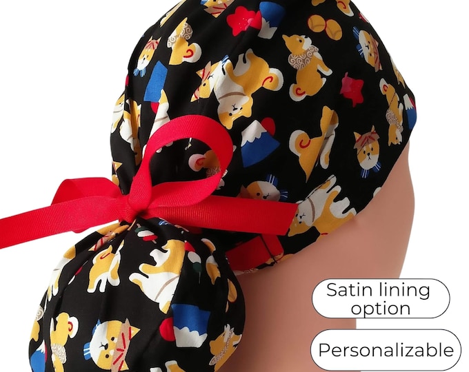 Ponytail Scrub Cap - Surgical Cap - Shiba Dog - Satin Lining Option - FifthCraftyStreet