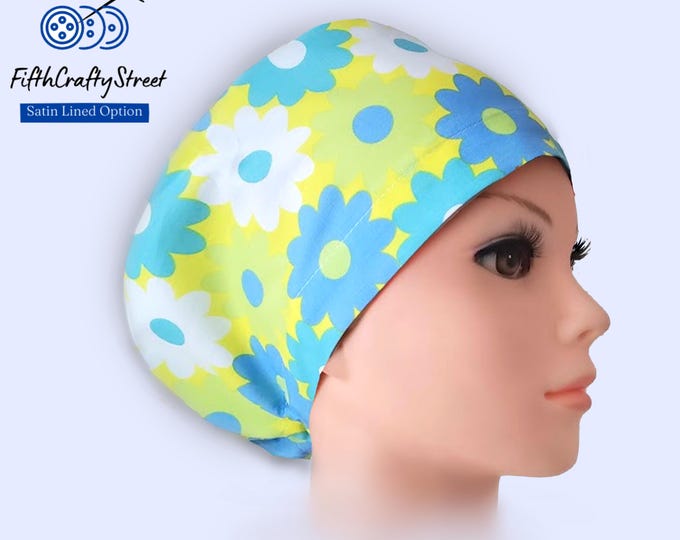 Euro Scrub Cap - Floral print Lightweight  Cotton - Satin Lined Scrub Cap - FifthCraftyStreet