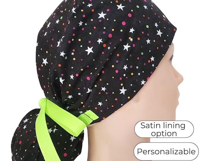 Glow in the Dark Stars Ponytail Scrub Cap: Satin Lined Cotton