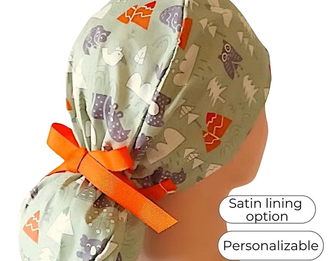 Wildlife Ponytail Scrub Cap for Women - Satin Lined Option Surgical Cap -