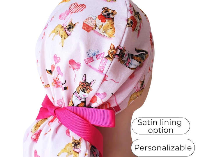 Valentine Dog Print Ponytail Scrub Cap, Satin Lining, Mask Button