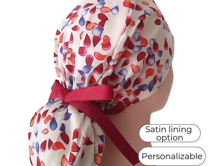 Ponytail Scrub Cap for Women - Cherry Petals Surgical Cap with Satin Lining Option - FifthCraftyStreet