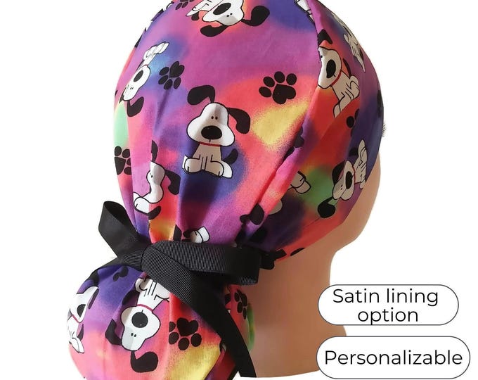 Satin Lined Option Ponytail Scrub Cap for Women - Dog Paws Surgical Cap