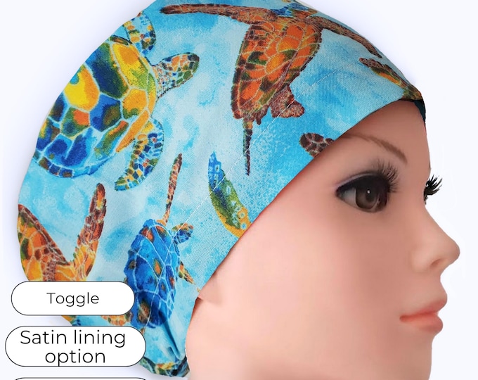Sea Turtle Euro Scrub Cap for Women, Ocean, Adjustable, Satin Lining Option, Personalized
