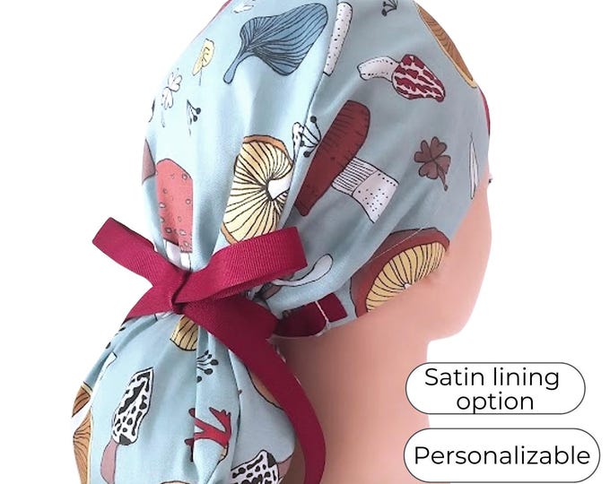 Mushroom Print Ponytail Scrub Cap: Satin Lined Cotton Surgical Cap