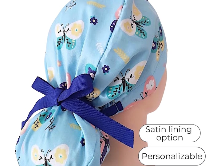 Butterfly Ponytail Scrub Cap with Satin Lined Option - FifthCraftyStreet