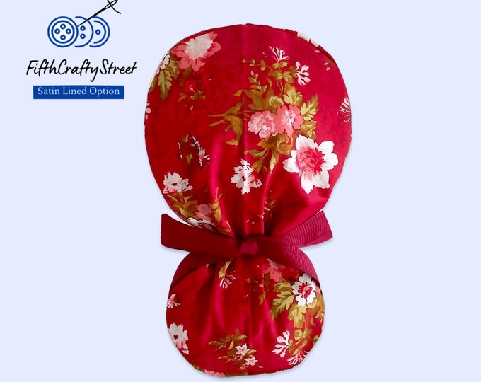 Novelty Ponytail Scrub Cap for Women - Floral Surgical Cap with Satin Lining Option - FifthCraftyStreet