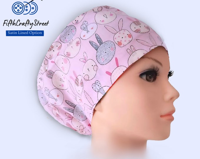 Easter Bunny Euro Scrub Caps - Adjustable - Satin Lining option - FifthCraftyStreet