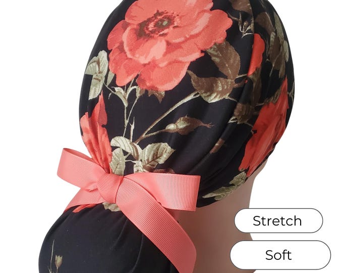 Stretch Ponytail Scrub Cap: black coral floral print adjustable nurse scrub hat long hair