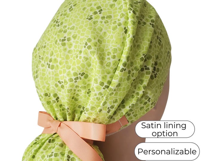Lime Pebble Mosaic Ponytail Scrub Cap - Surgical Cap - Satin Lined option