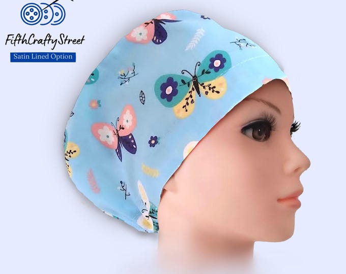 Euro Style Scrub Cap - Adjustable - Satin Lining option - Butterfly