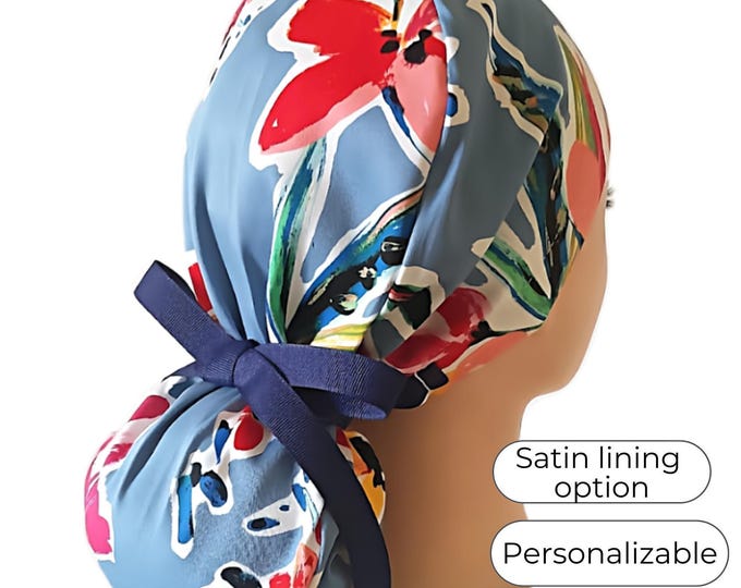 Ponytail Scrub Cap: Floral Design with Satin Lining option