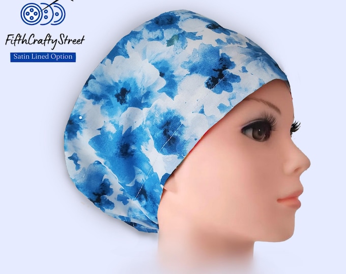 Blue Bloom - Euro Scrub Cap - Adjustable - Satin Buttons Lined option