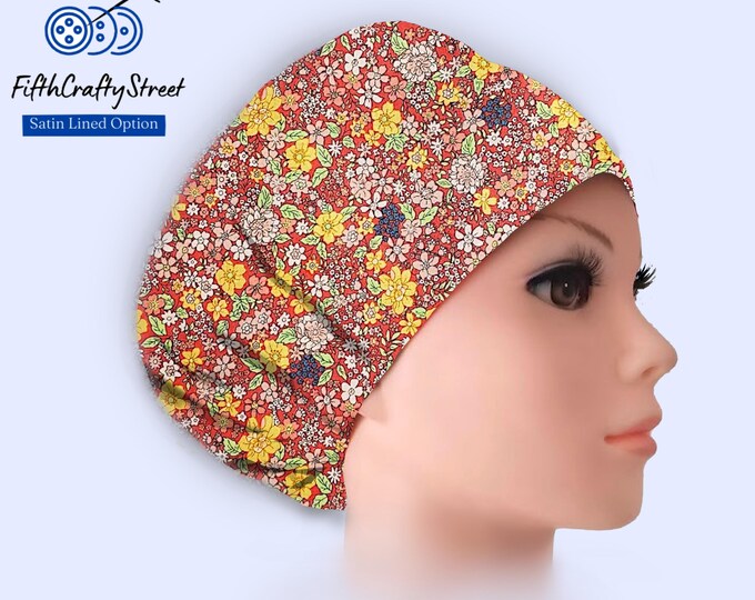 Fall Floral Euro Scrub Cap - Adjustable - Satin Lined option - FifthCraftyStreet