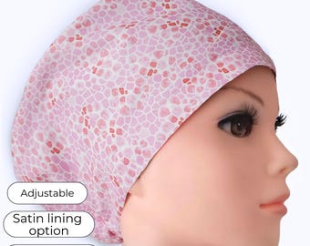 Gorro quirúrgico europeo: Mosaico rosa, opción de forro satinado, personalizable.