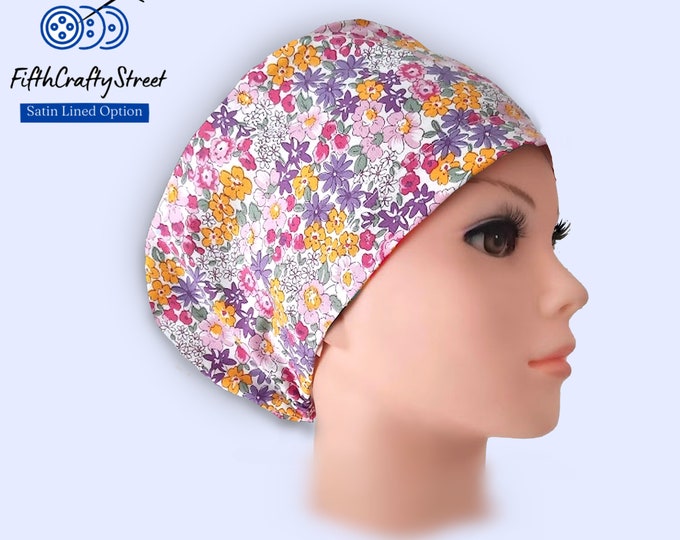 Euro Scrub Cap - Floral - Adjustable - Satin Lining option - FifthCraftyStreet