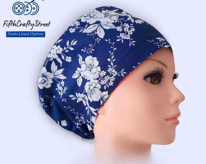 Blue Floral Euro Scrub Cap: Satin Lined, Adjustable Toggle, Button Option