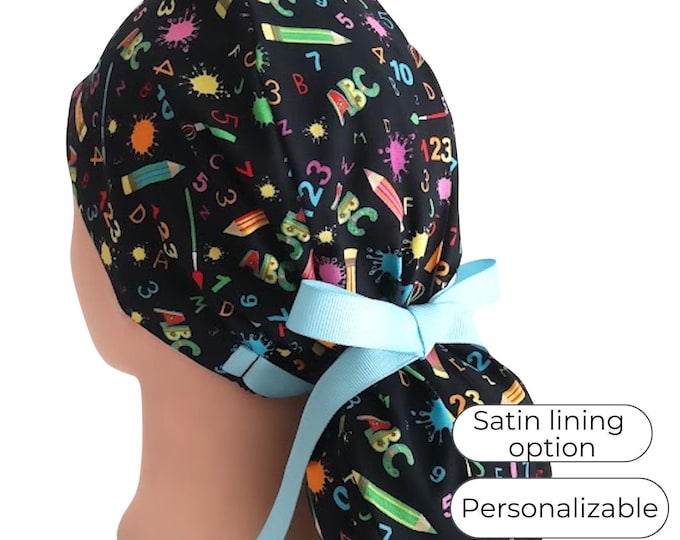 ABC Numbers Ponytail Scrub Cap: Satin Lined Cotton Surgical Cap