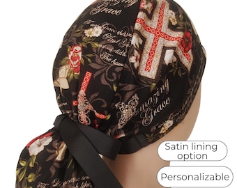 Christian Ponytail Scrub Cap – Black Faith Print, Satin Lining Option, personalizable