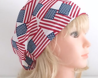 Patriotic - Stretchy Scrub Caps for women - 4th July - American Flag Scrub Cap -